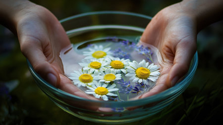 A serene image showcasing delicate hands holding a glass bowl filled with fresh daisies and wildflowers, symbolizing tranquility and beauty in nature.の素材