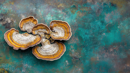 A striking image of colorful fungi against a textured background, showcasing organic shapes and earthy tones, perfect for nature-inspired design and decor themes.の素材