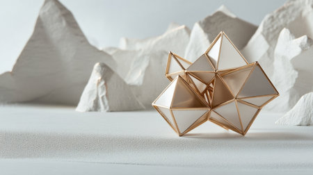 This image features a striking geometric art installation in white and gold shades, set against an abstract mountain landscape, showcasing modern creativity.の素材