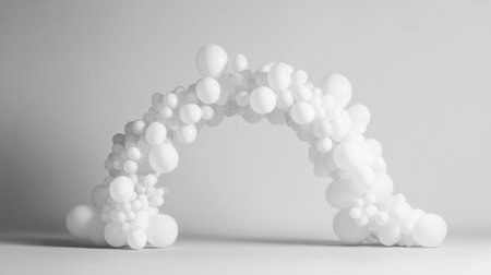 This captivating image features an abstract white balloon arch made of various sizes, creating a whimsical and artistic vibe on a minimalist background.の素材