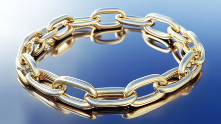 A stunning gold chain bracelet displayed against a reflective surface, showcasing its smooth design and luxurious appearance in soft focus.の素材