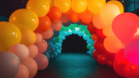 A stunning display of colorful balloons arranged in an archway, providing a vibrant and playful entrance to a celebratory event in a darkened venue.の素材