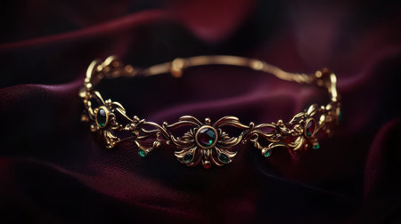This stunning gold bracelet features intricate designs adorned with colorful gemstones. Its luxurious appeal is enhanced by the rich fabric background, making it perfect for elegant jewelry collections.の素材