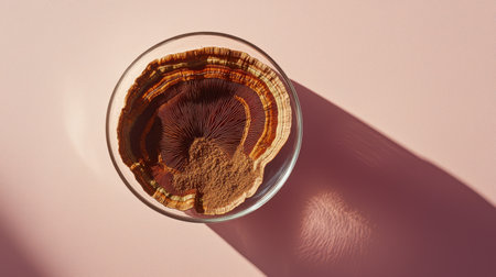 A beautiful wooden slice displayed in a clear glass container creates an artistic focal point. The soft pink backdrop enhances the organic textures and shadows.の素材