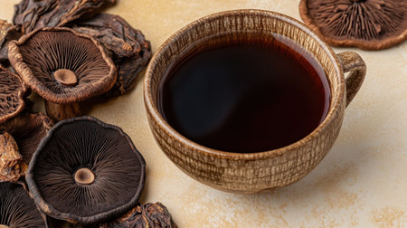 A rustic cup filled with naturally brewed herbal tea made from dried mushrooms, surrounded by dried mushroom slices, offering an earthy and comforting feel.の素材