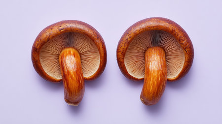 This image showcases two fresh orange-brown mushrooms against a light purple background, emphasizing their unique textures and natural beauty. Perfect for food-related themes.の素材