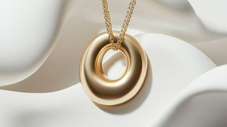 This stunning gold pendant necklace showcases a unique design, elegantly suspended against a soft satin background, highlighting its luxurious feel and shine.の素材