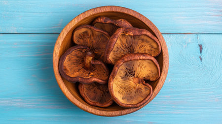 This image showcases a bowl filled with dried mushrooms, featuring rich textures and earthy colors against a vibrant background. Ideal for culinary and nature themes.の素材