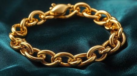 This captivating gold chain bracelet showcases intricate links, reflecting light beautifully against rich green velvet fabric, perfect for stylish occasions.の素材