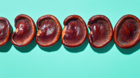 A striking arrangement of red mushroom slices showcases their unique textures against a teal background, perfect for culinary or health-focused projects.の素材