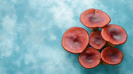 Discover the beauty of vibrant red mushrooms set against a soft blue background, ideal for nature enthusiasts and culinary artists seeking inspiration.の素材