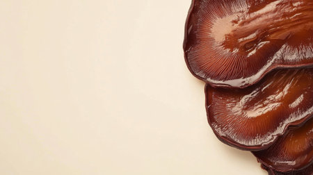 This image showcases rich brown ganoderma mushrooms, beautifully arranged on a light background, highlighting their unique texture and color. Perfect for health and wellness themes.の素材