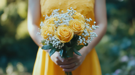 A beautifully arranged bouquet of vibrant yellow roses held by a woman in a sunlit outdoor setting, epitomizing joy, beauty, and nature's elegance.の素材