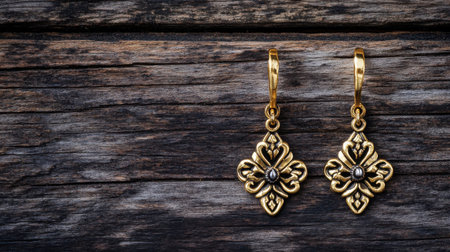 Discover the beauty of these elegant gold earrings featuring an intricate floral design, perfectly set against a rustic wooden background, ideal for fashion enthusiasts.の素材