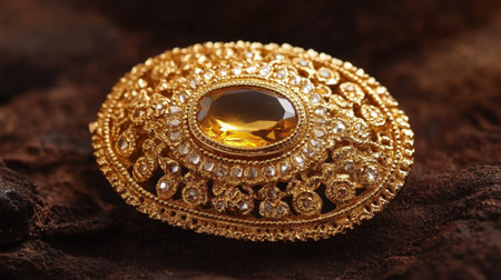 This stunning vintage gold brooch features an intricate design adorned with a yellow gemstone, radiating elegance and luxury against a dark background.の素材