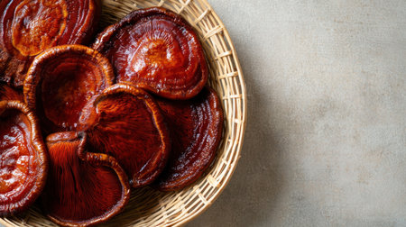 A beautiful arrangement of dried mushroom slices in a woven basket placed on a textured surface, ideal for showcasing healthy and natural culinary ingredients.の素材