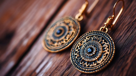 Discover the beauty of these elegant vintage earrings featuring intricate designs and a captivating dark gemstone, set against a rustic wooden background.の素材