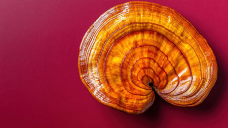 This striking image features a vibrant mushroom shell showcasing a beautiful spiral design against a rich red background, highlighting natural artistry.の素材