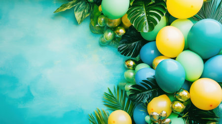 This vibrant arrangement features colorful balloons alongside tropical leaves set against a serene turquoise background, perfect for party themes.の素材