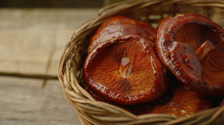 A close-up view of freshly harvested shiitake mushrooms arranged in a woven basket, showcasing their rich color and unique texture on a rustic wooden surface.の素材