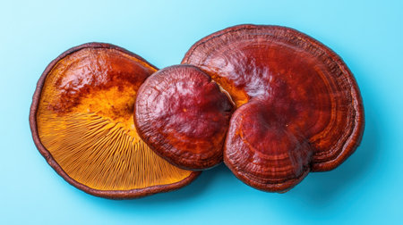 This image showcases a vibrant red and brown mushroom with intricate texture, set against a light blue background, ideal for health and culinary themes.の素材