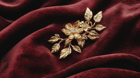 This image features an elegant gold flower brooch set on a luxurious burgundy velvet background, highlighting exquisite craftsmanship and beauty.の素材
