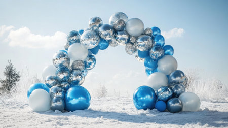 A stunning balloon arch in blue and silver stands out against a serene winter landscape. The gleaming spheres create a festive atmosphere perfect for celebrations.の素材