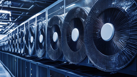 A visually striking image of a modern data center showcasing a row of advanced cooling fans designed to optimize thermal management and performance.の素材