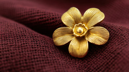 This captivating image features a meticulously crafted gold flower brooch resting elegantly on a rich burgundy fabric. The intricate design and shimmering finish add a touch of sophistication and luxury to any outfit.の素材
