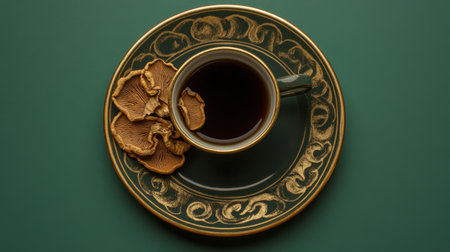 A captivating coffee cup is elegantly positioned on an ornate plate adorned with dried mushrooms, creating a harmonious blend of culinary art and nature.の素材