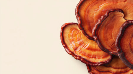 This image showcases vibrant red and brown slices of lingzhi mushrooms against a soft neutral background, highlighting their unique textures and colors.の素材