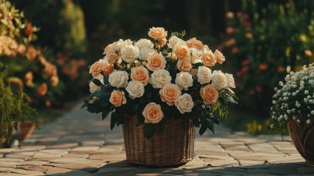 A stunning arrangement featuring orange and white roses in a woven basket against a lush garden backdrop. The vibrant flowers create a serene and inviting atmosphere, perfect for decorative use.の素材