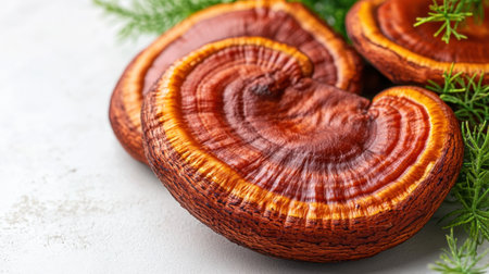 A stunning close-up of Ganoderma lucidum mushroom displaying rich colors and intricate textures, surrounded by green accents, perfect for health themes.の素材