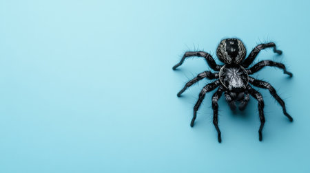 A striking close-up image of a spider on a soft blue background. This realistic depiction highlights the intricate details of the spider, perfect for educational or artistic purposes.の素材