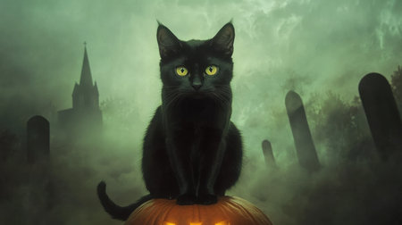 A captivating image of a black cat perched on a glowing pumpkin in a foggy graveyard, bringing an enchanting Halloween vibe filled with mystery and charm.の素材