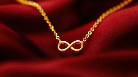 This stunning gold infinity necklace is beautifully showcased on a rich red fabric background, highlighting its elegance and timeless design, perfect for gifts.の素材