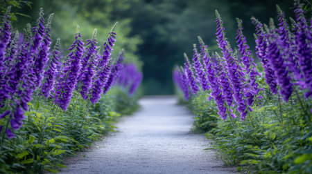 A tranquil pathway meanders through tall, vibrant purple flowers, showcasing nature's beauty. Lush greenery frames the scene, inviting peaceful strolls.の素材