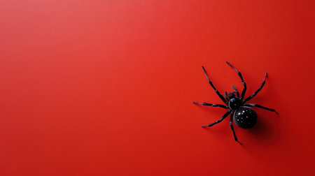 A striking black spider moves across a vivid red background, creating a captivating contrast that showcases the details of its anatomy and the beauty of nature.の素材