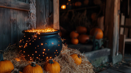 A captivating black cauldron filled with delicate glowing lights rests amid pumpkins and straw, creating a warm autumn atmosphere perfect for seasonal festivities.の素材