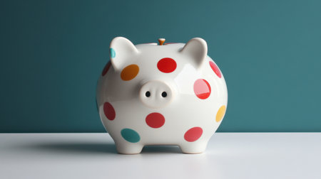 This vibrant piggy bank features a playful design with colorful polka dots. It symbolizes savings and financial goals, perfect for educational contexts.の素材