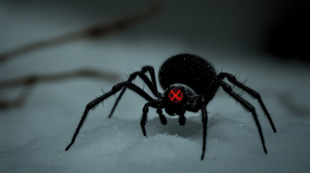 A striking close-up image of a black spider with distinctive red markings set against a snowy background, capturing a cold and eerie atmosphere.の素材