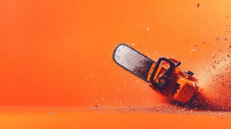 Dynamic scene featuring a chainsaw cutting through wood against a vibrant orange backdrop, with flying wood chips creating an energetic atmosphere.の素材