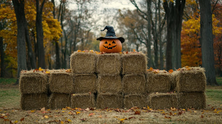 A whimsical Halloween scene featuring a smiling pumpkin wearing a witch hat atop hay bales, surrounded by colorful autumn leaves in a tranquil forest.の素材