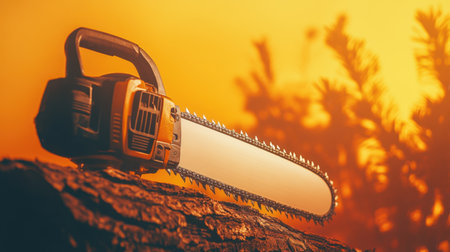 A detailed view of a chainsaw resting on a log with a warm orange background, evoking feelings of adventure, woodworking, and outdoor craftsmanship.の素材