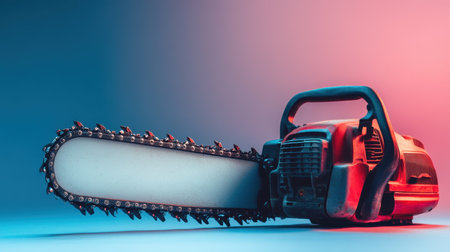 A powerful chainsaw lies on a vibrant gradient background, showcasing its cutting-edge design and sharp blade, ideal for forestry and woodworking tasks.の素材