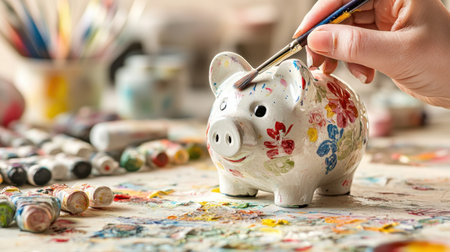 A person paints a charming piggy bank with floral designs in a bright studio. Colorful paints and brushes surround the workspace, showcasing creativity and craftsmanship.の素材