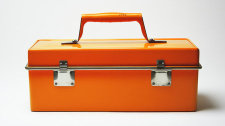 This vibrant orange metal tool box features a sturdy handle and locking clasps, perfect for organizing tools and supplies in any workspace or workshop.の素材