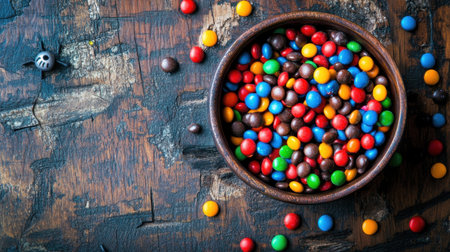 A vibrant bowl filled with colorful chocolate candies on a rustic wooden table. Perfect for highlighting sweetness, celebration, or indulgence in any setting.の素材