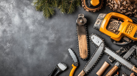 A collection of various hand tools and power tools arranged atop a dark textured surface, enhanced with seasonal greenery. Ideal for DIY and craftsmanship themes.の素材