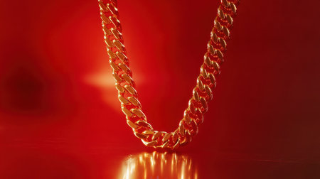 A stunning golden chain elegantly displayed against a smooth red background, creating a captivating visual with reflections and glimmers of light.の素材